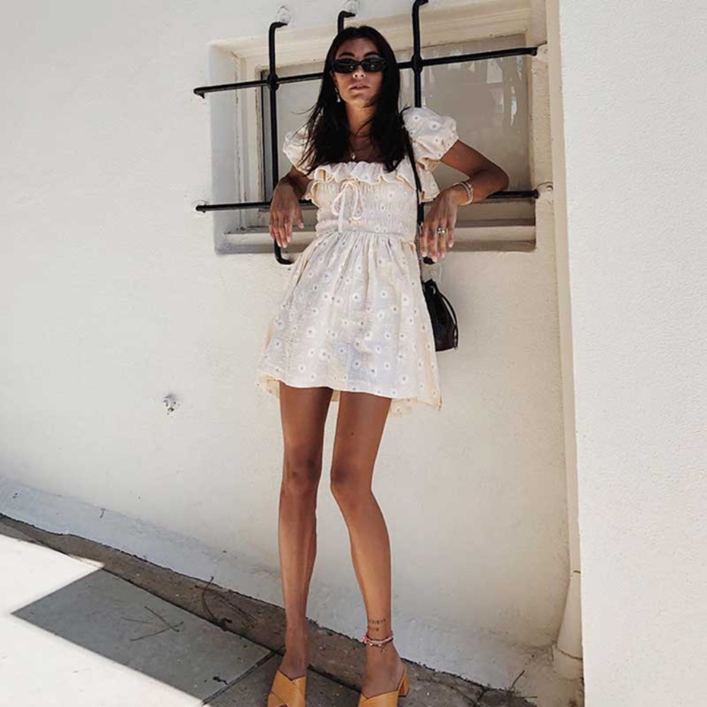 Cream Boho OFF shoulder Floral Print Mini  DRESS - Picture 3 of 9